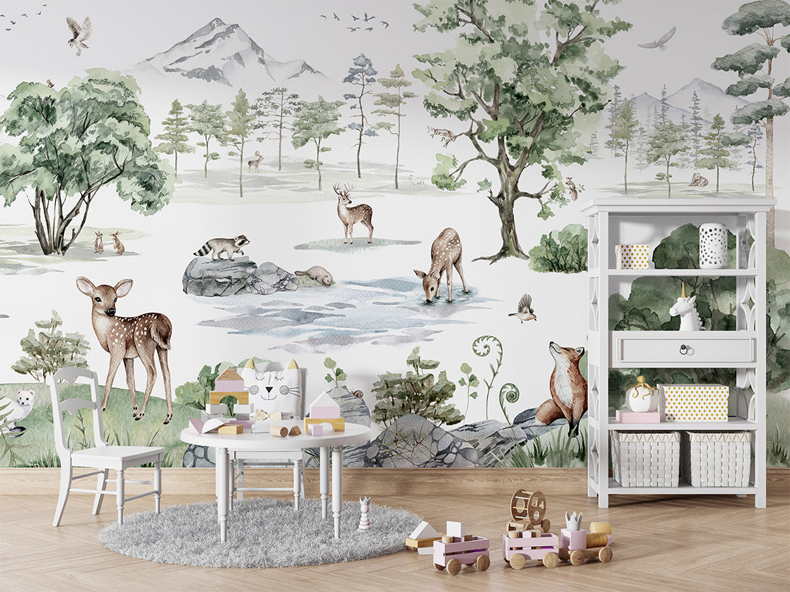 Deer Forest Winter by Kikki Belle wallpaper room view - Pickawall