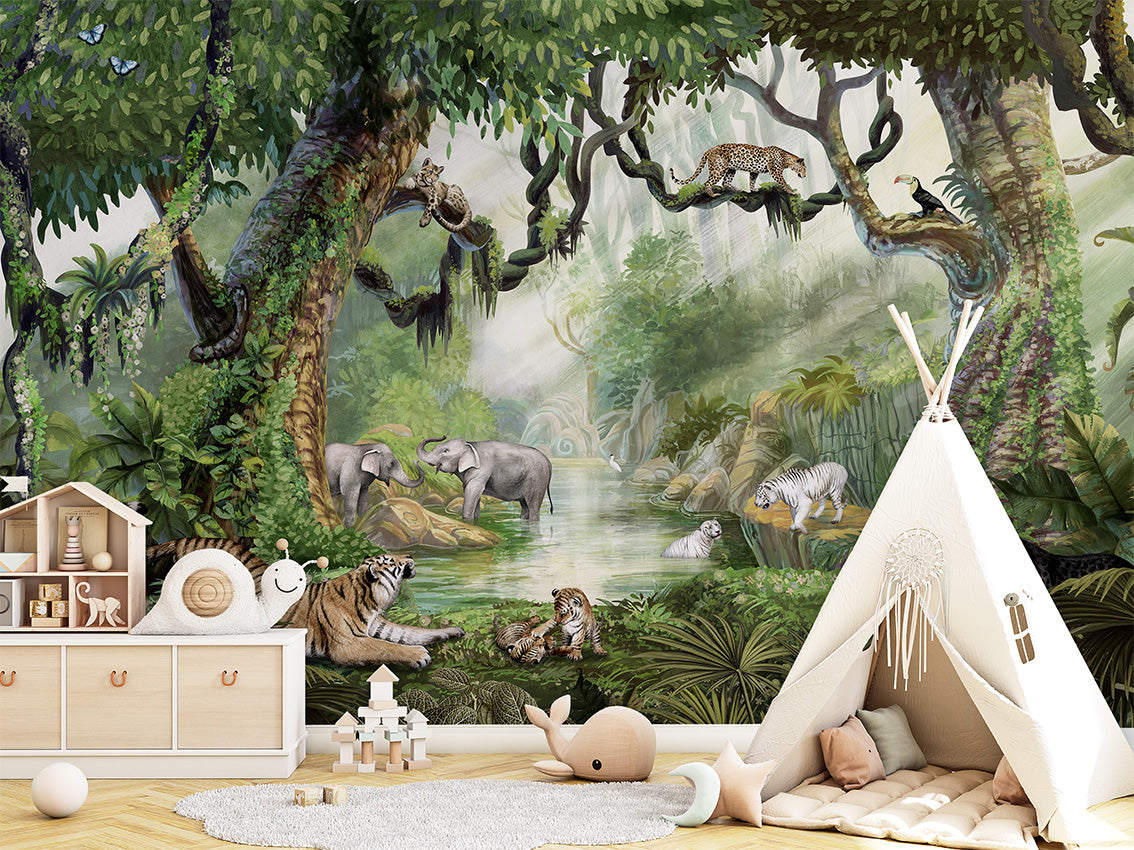 Jungle Cats by Kikki Belle wallpaper room view - Pickawall