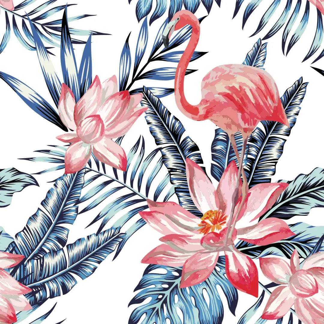 Watercolor tropical pattern featuring pink flamingos, pink lotus flowers, and blue palm leaves on a white background.