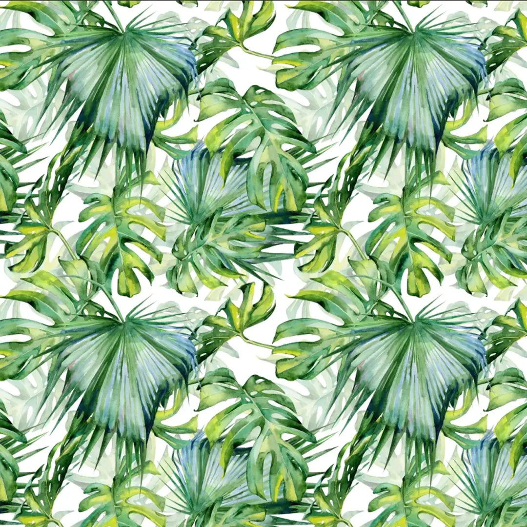 Watercolour pattern featuring layered green tropical palm and monstera leaves on a white background