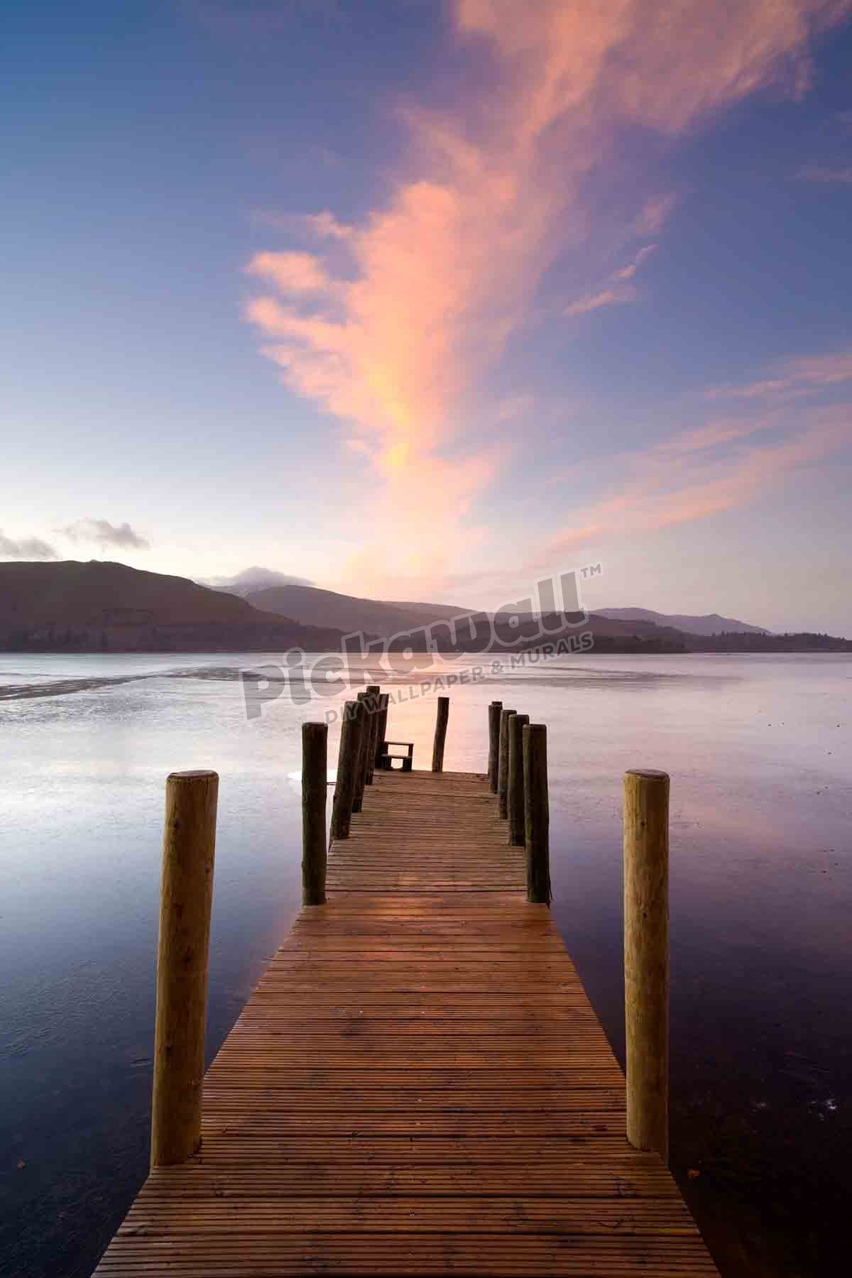 Jetty and Derwentwater at sunset, Lake District National Park, Cumbria, England