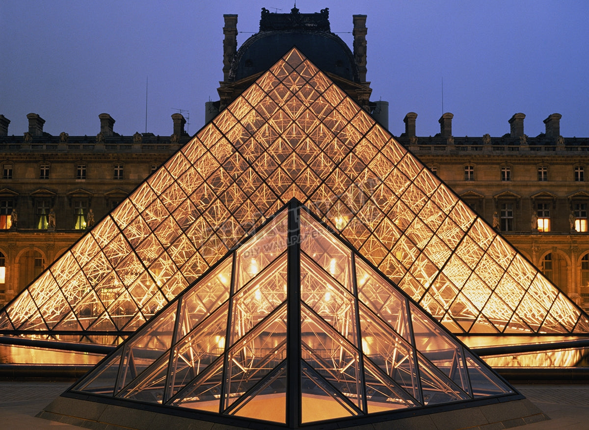France, Paris, Louvre, Pyramid illuminated