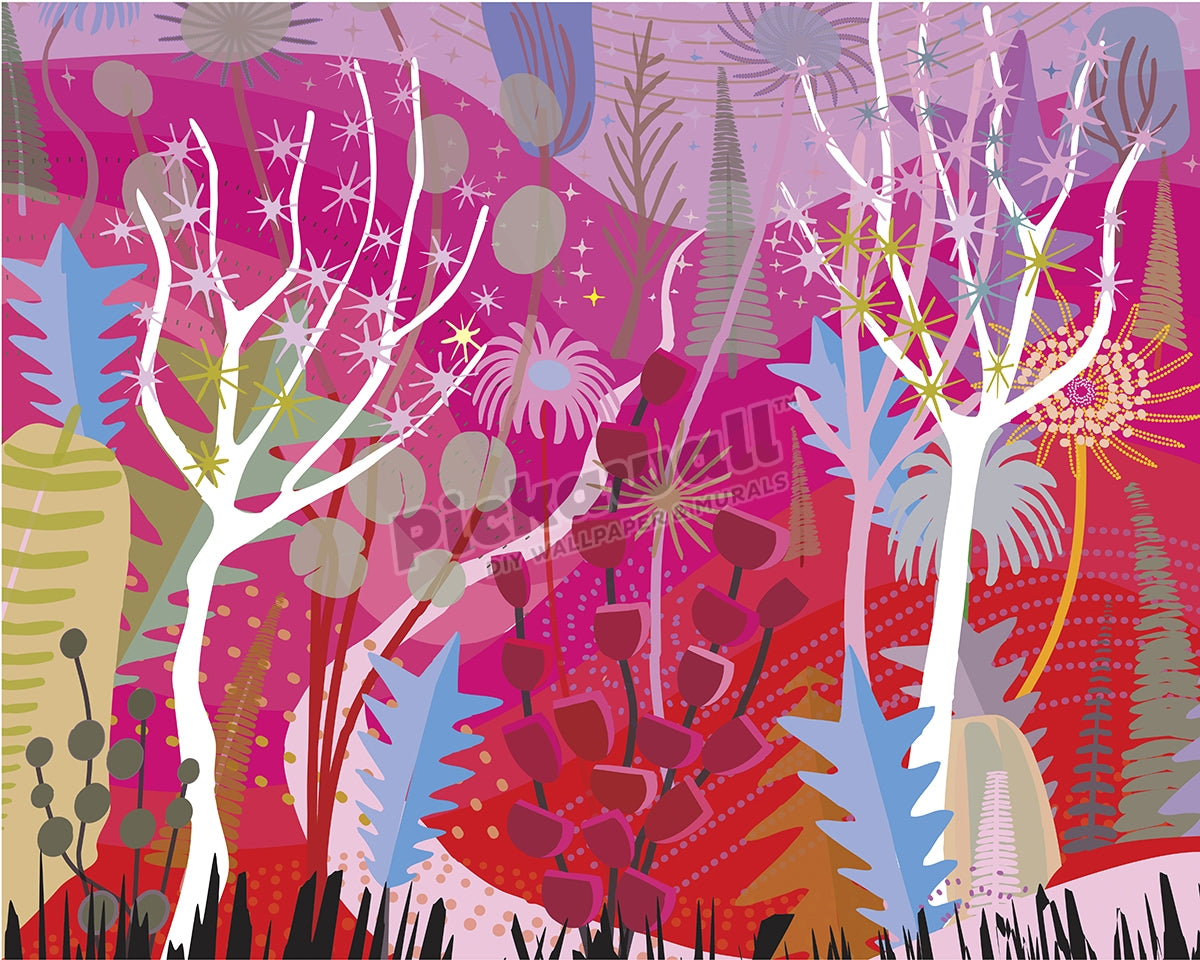 Red magenta forest landscape