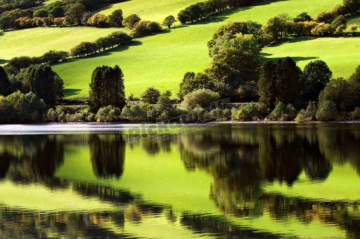 reflection of green fields at Talybont reservoir