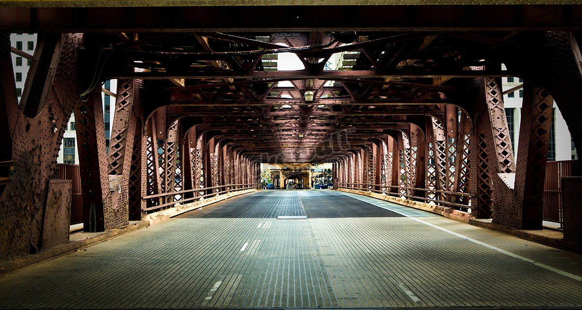 Chicago street under metal bridge