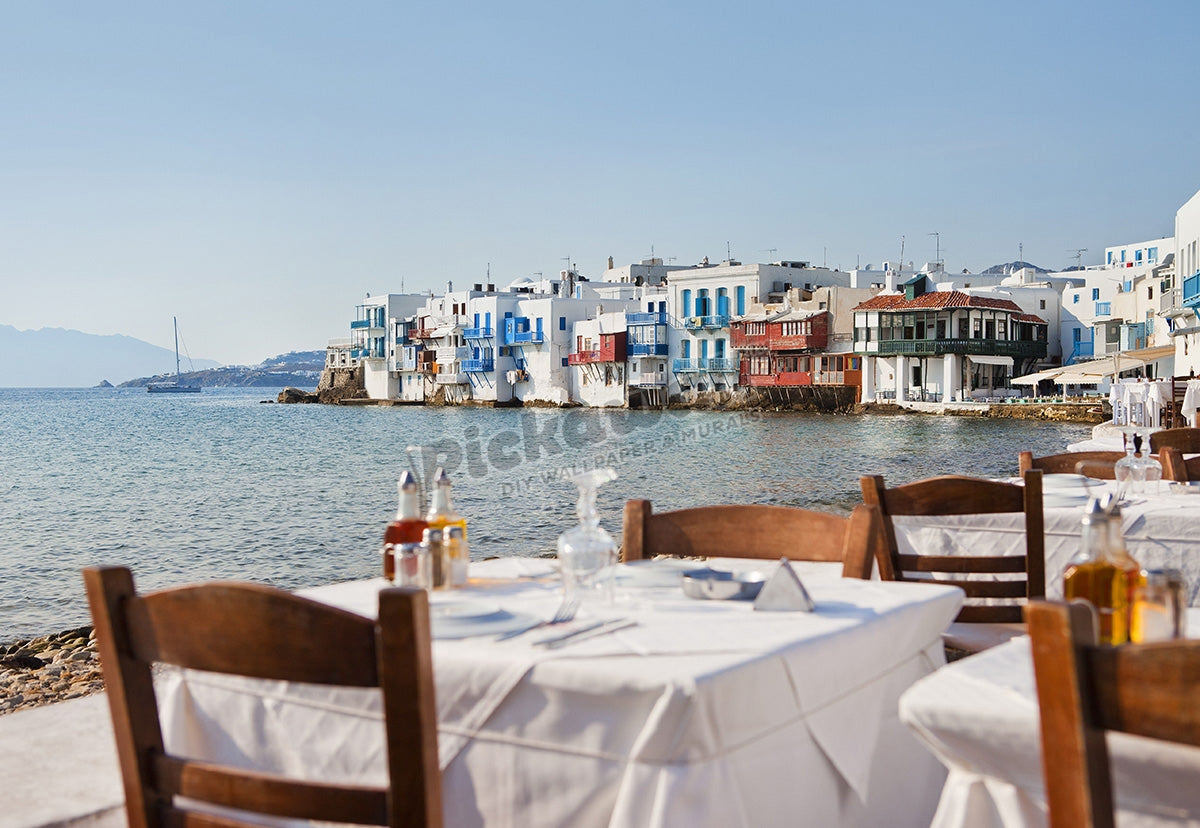 Dining table with view of Little Venice, Mykonos