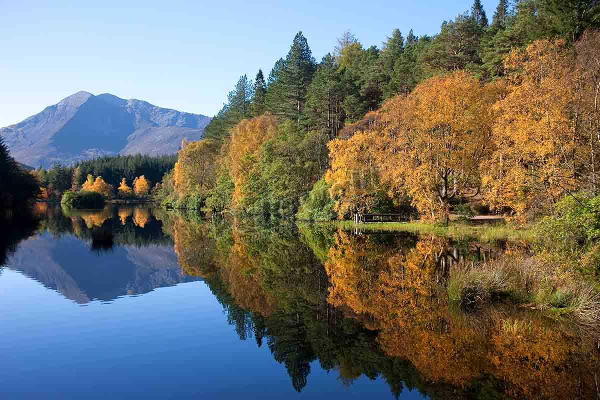Peaceful autumn reflections on the Lochan Trail