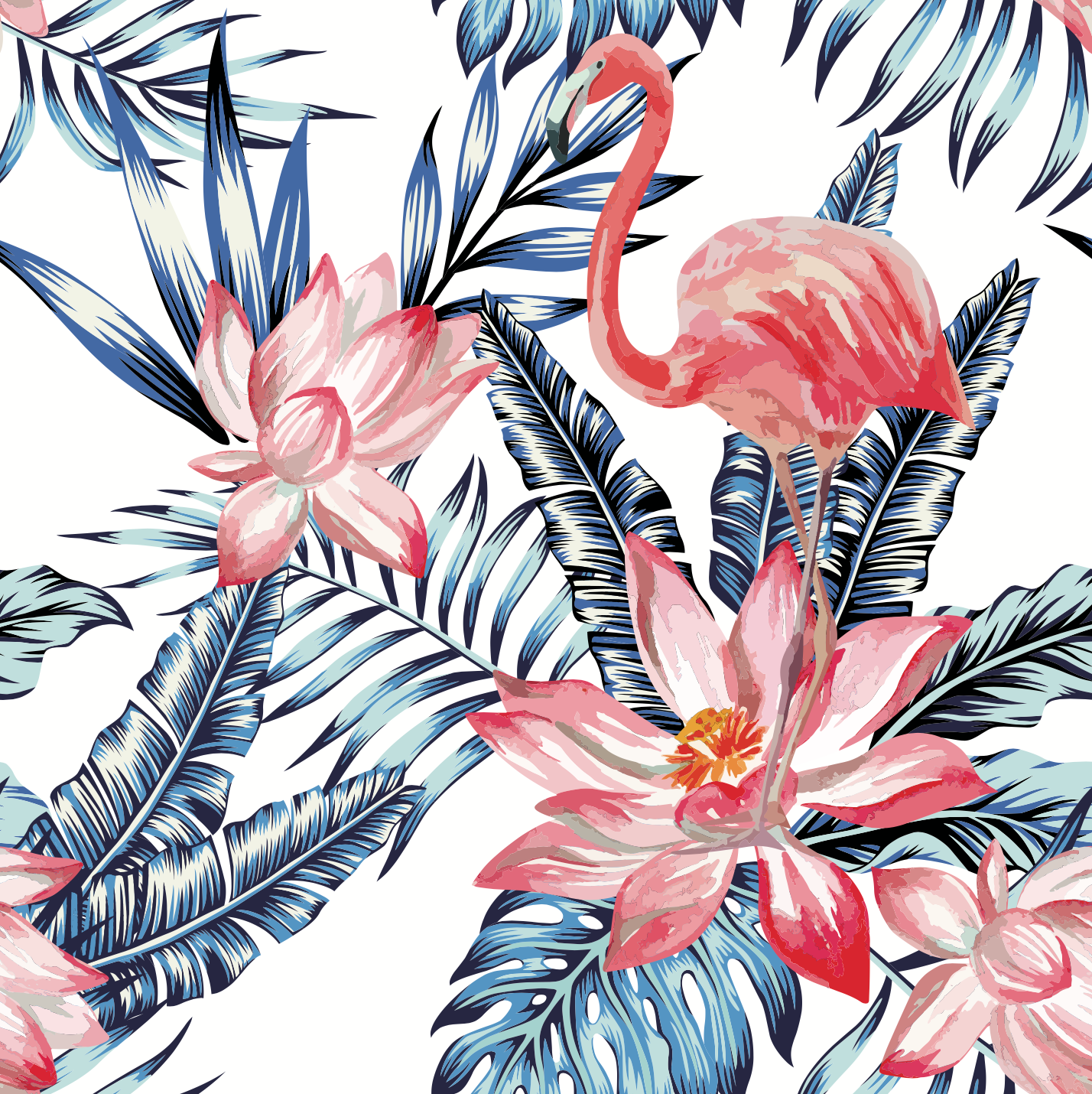 watercolor flamingo and blue palm leaves