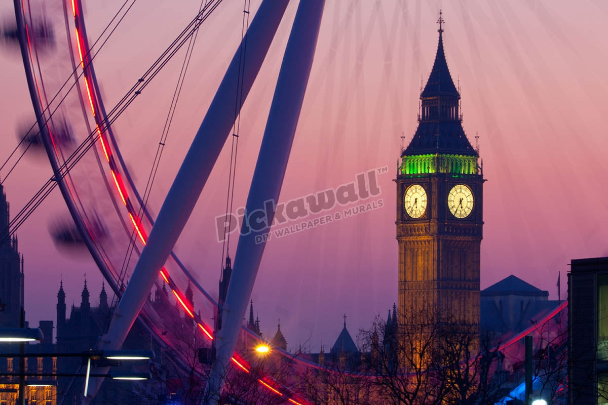 Big Ben Clock Tower of Houses of Parliament seen through Millennium Wheel or London Eye at dusk London England UK