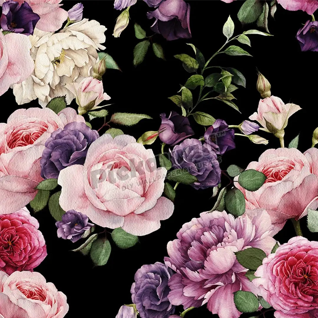 Botanical pattern featuring pink and purple roses, peonies and green foliage on a black background