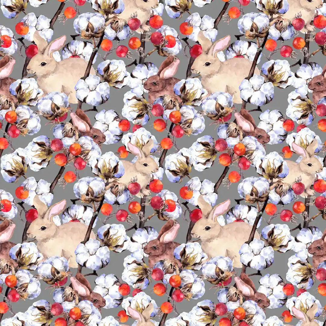A seamless watercolor pattern featuring cream-coloured rabbits nestled among white cotton bolls, red berries, and brown branches on a solid grey background.