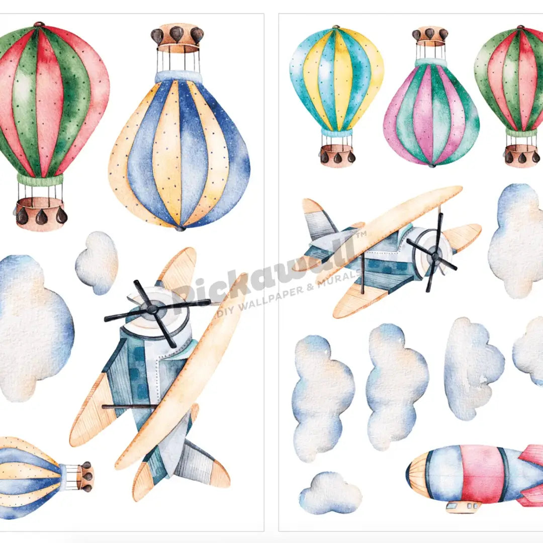 Watercolor-style decorative sheet featuring hot air balloons, vintage airplanes, clouds, and a rocket on a white background, with a visible 'Nickelware' watermark across the center.