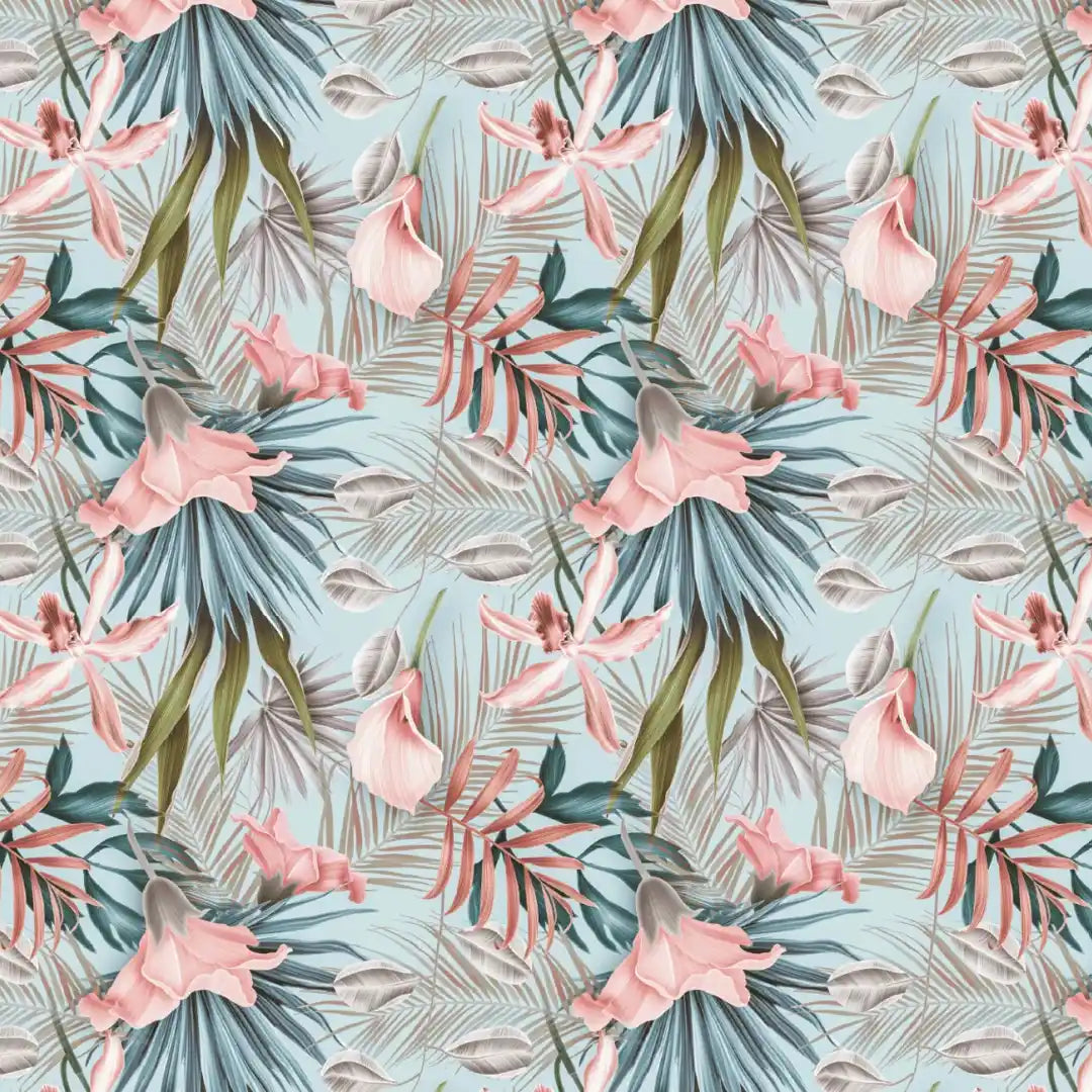 A seamless tropical floral pattern featuring light pink orchids, green and blue-green palm fronds, and grey-green leaves on a soft light blue background.