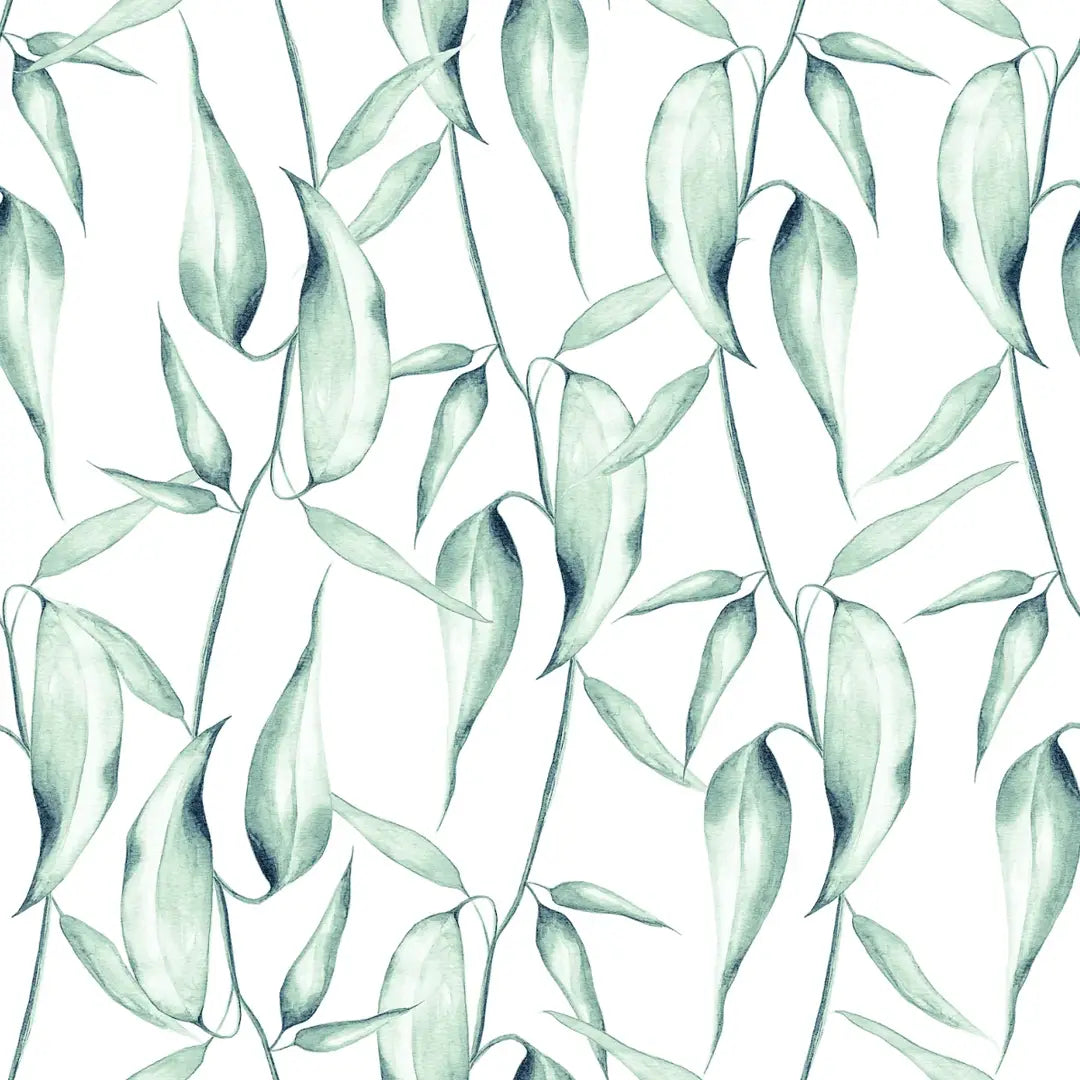 Soft green watercolour gum leaves and delicate branches on a white background