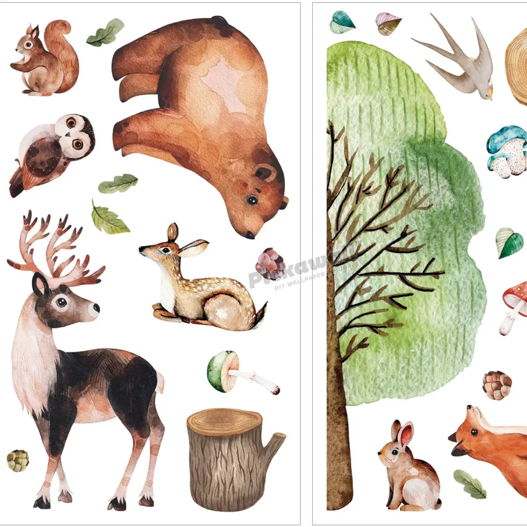 Watercolour woodland decal set featuring a bear, deer, rabbit, fox, owl, squirrel, tree, mushrooms and forest details.