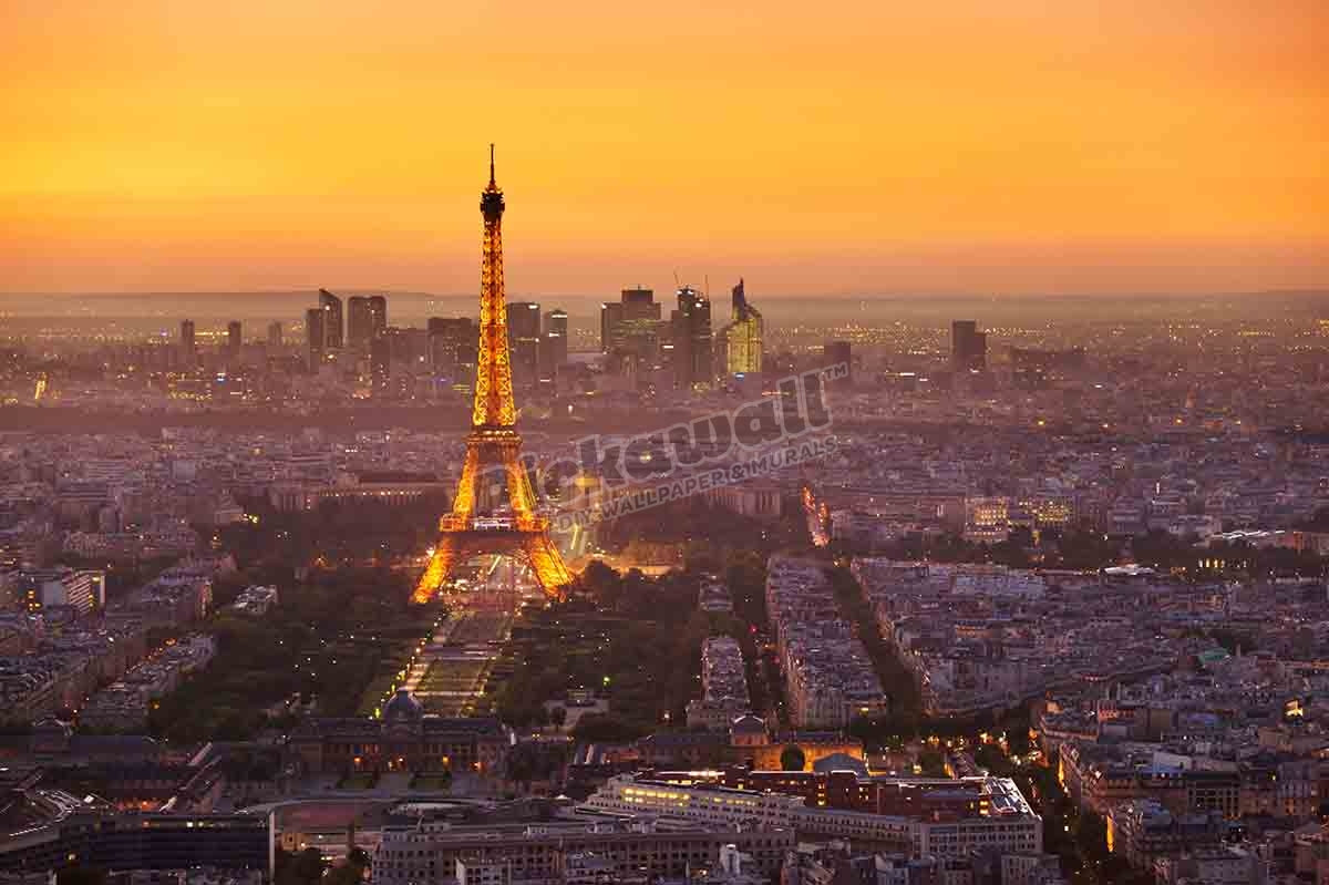 Paris skyline at sunset with the Eiffel Tower and La Defense, Paris, France, Europe