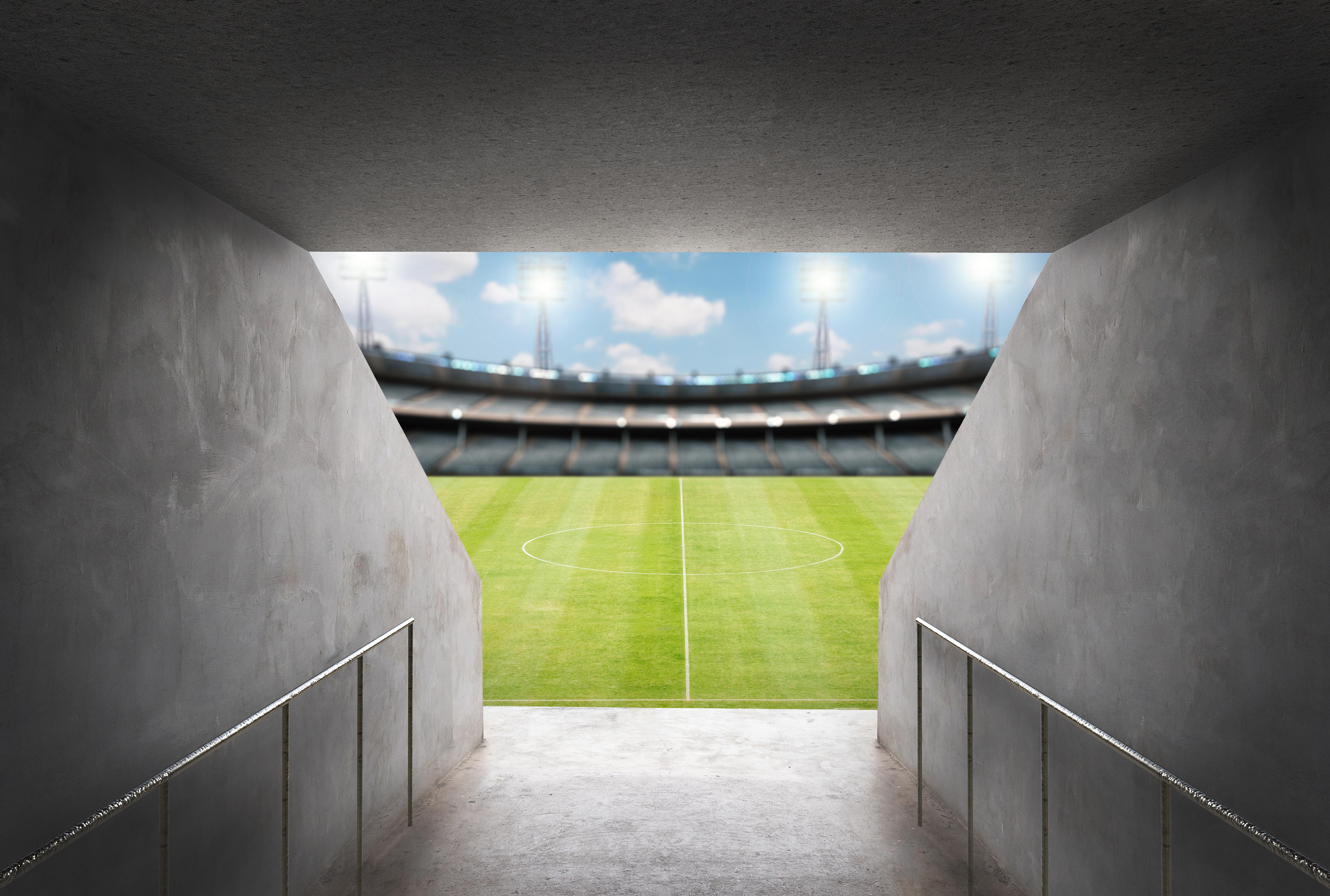 Tunnel in stadium with green field