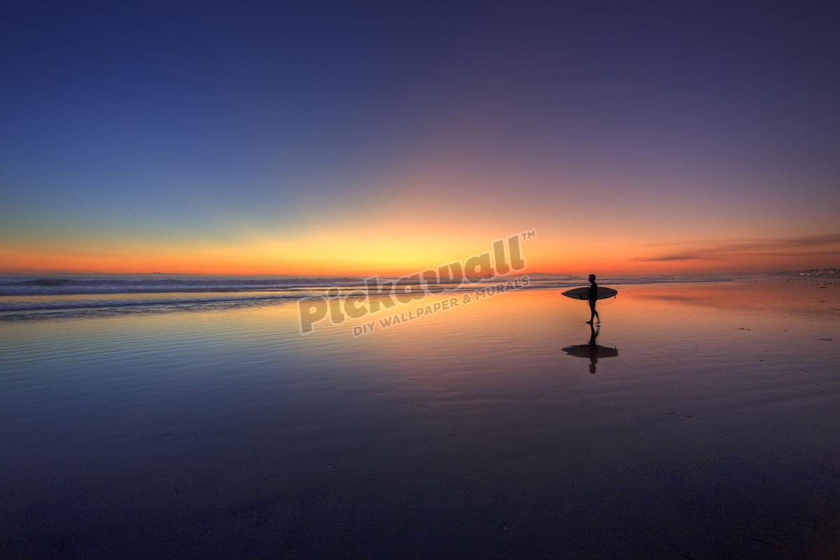 Surfer walking on rainbow