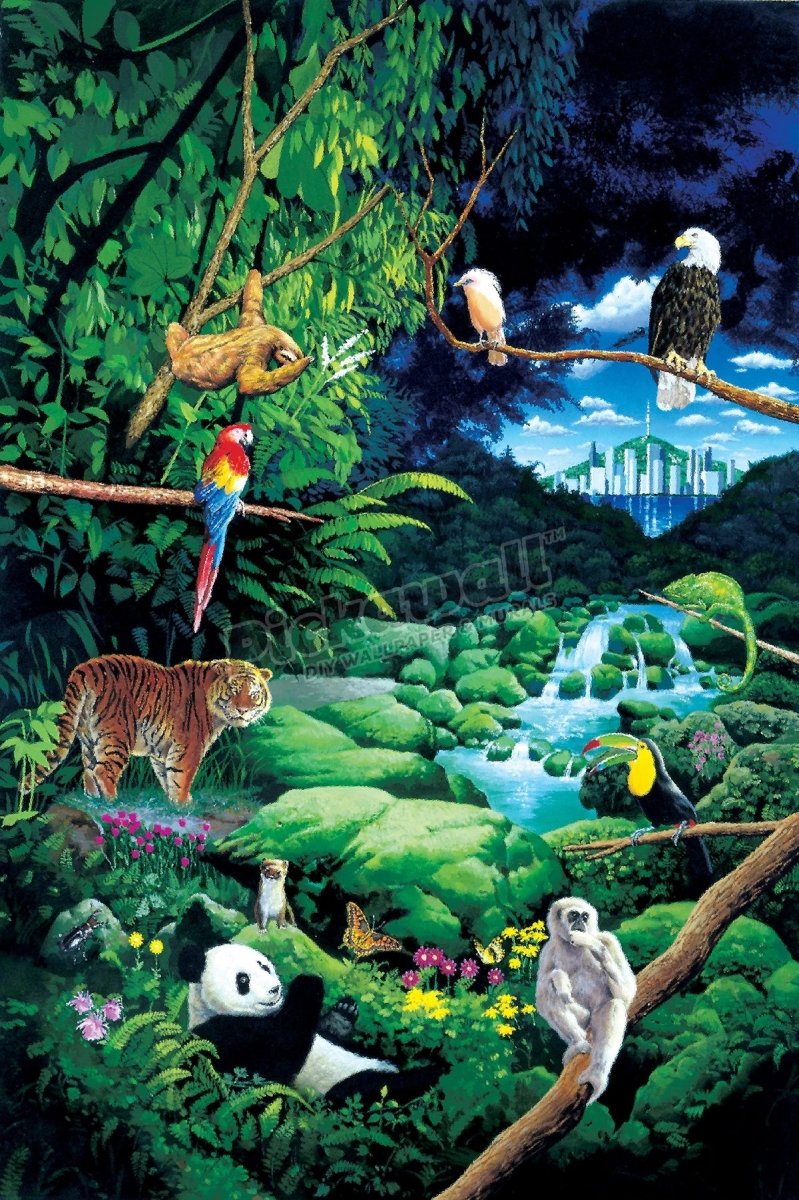 Endangered species in a jungle with a city in the distance - Pickawall