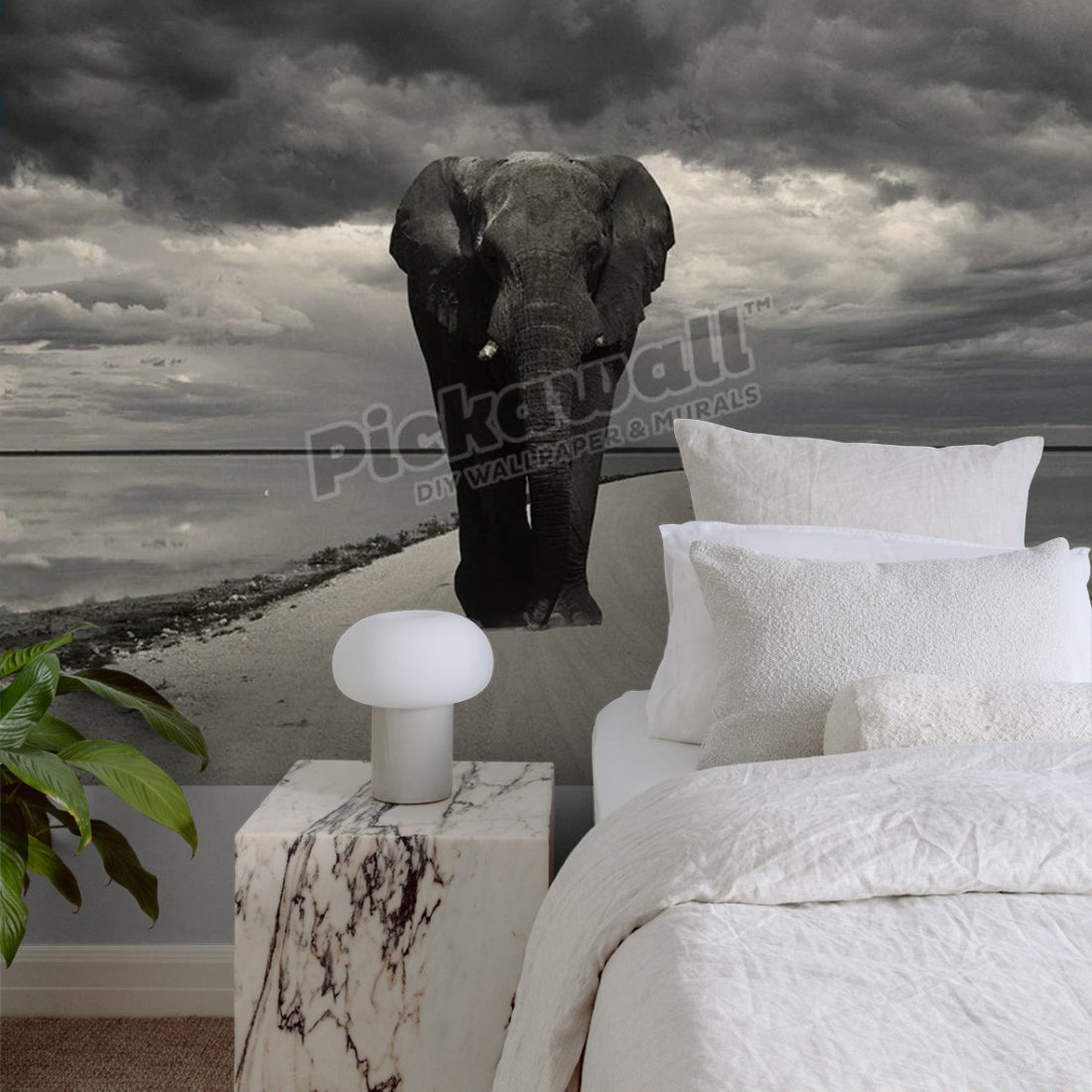 Elephant on the road wallpaper in a bedroom - Pickawall