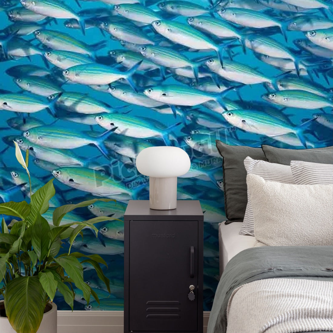 Shoal of Goldbanded Fusilier wallpaper in a bedroom - Pickawall