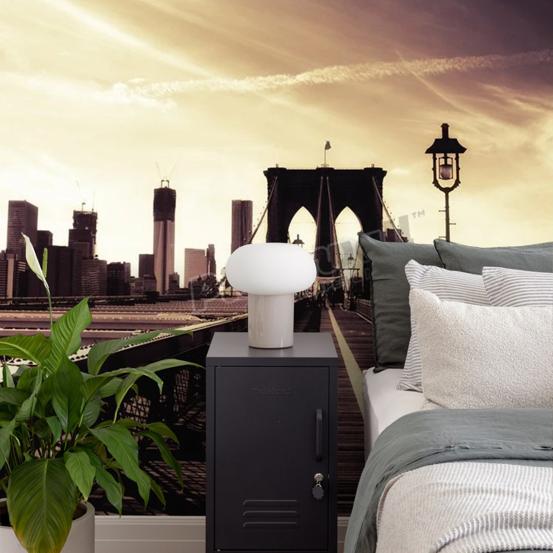 Brooklyn Bridge at dusk, New York wallpaper in a bedroom - Pickawall