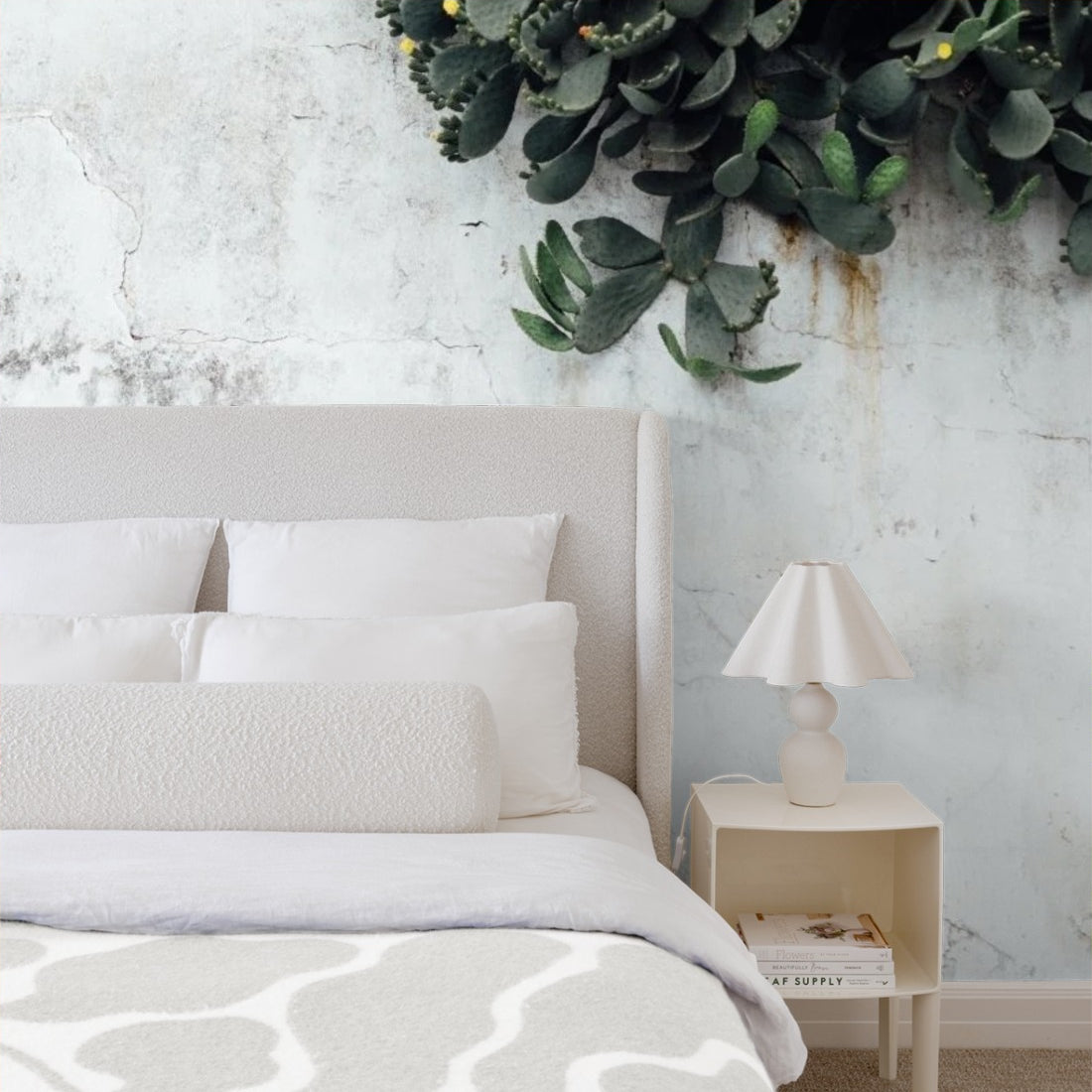 White Concrete wall with Cactus wallpaper in a bedroom - Pickawall