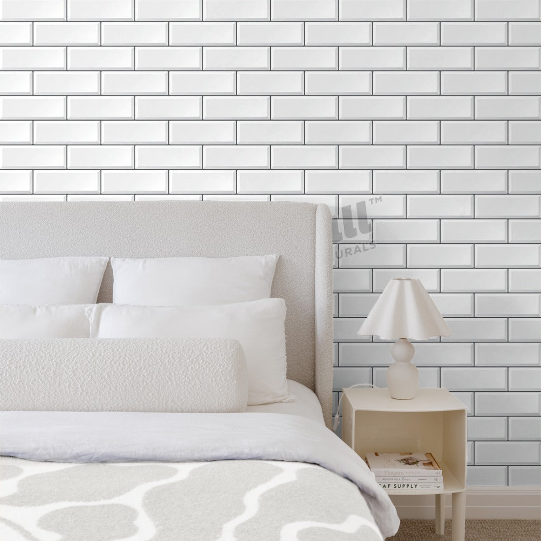 White Subway Tile wallpaper in a bedroom - Pickawall