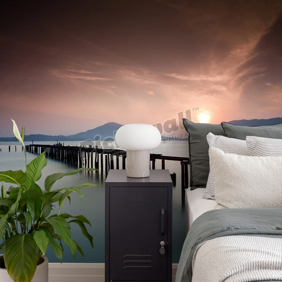 Old pier at sunrise, Pangkor island wallpaper in a bedroom - Pickawall