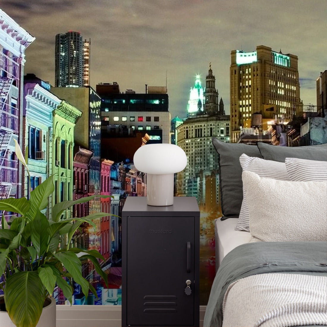 Urban rainbow, East Broadway at night wallpaper in a bedroom - Pickawall