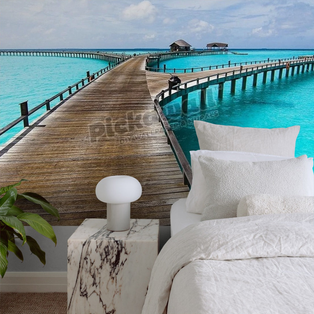 Wooden jetty wallpaper in a bedroom - Pickawall