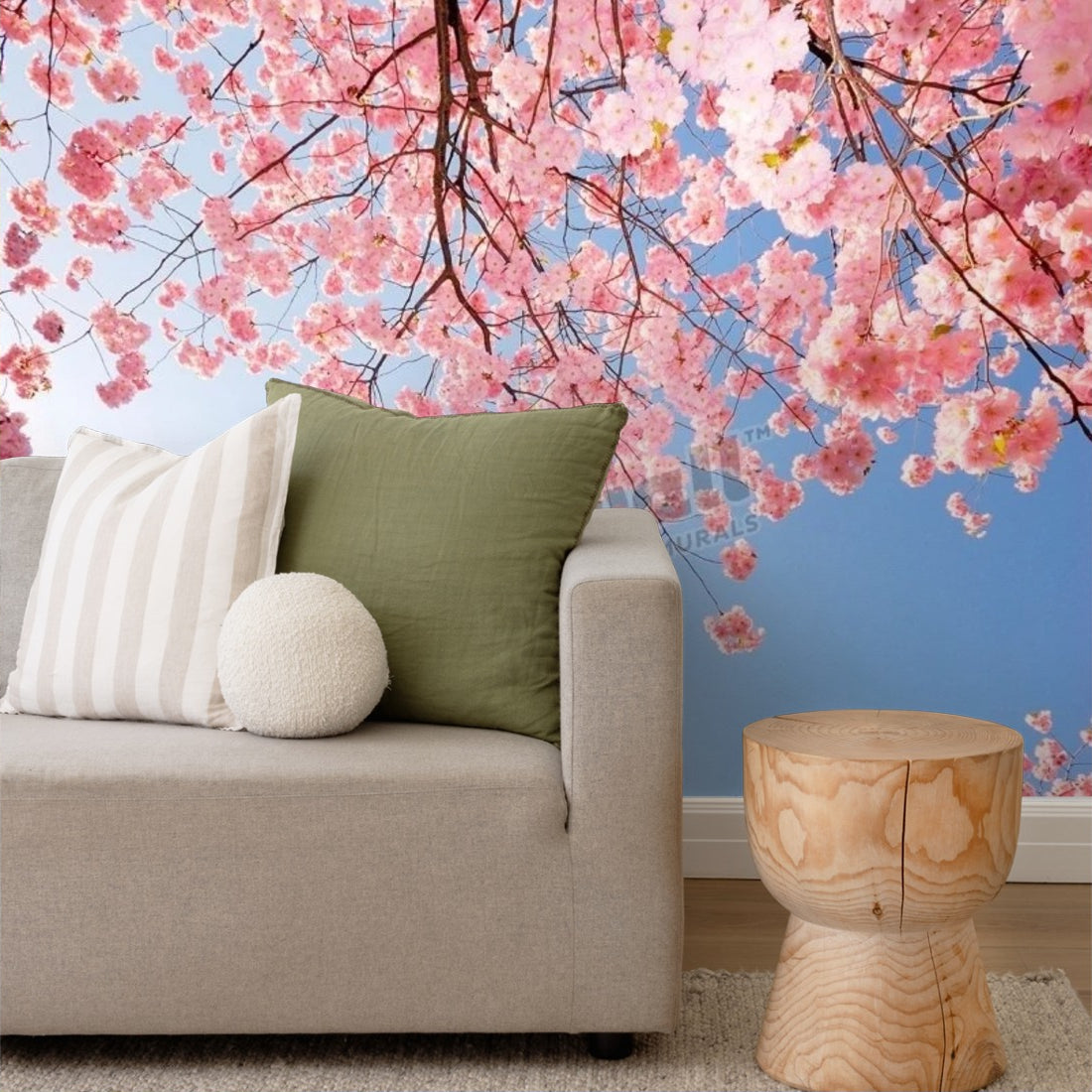 cherry tree in blossom against blue sky wallpaper in a living room - Pickawall