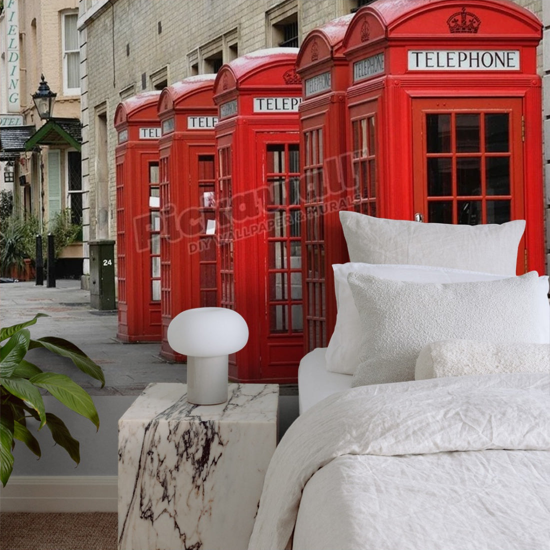 Row of red telephone boxes London wallpaper in a bedroom - Pickawall