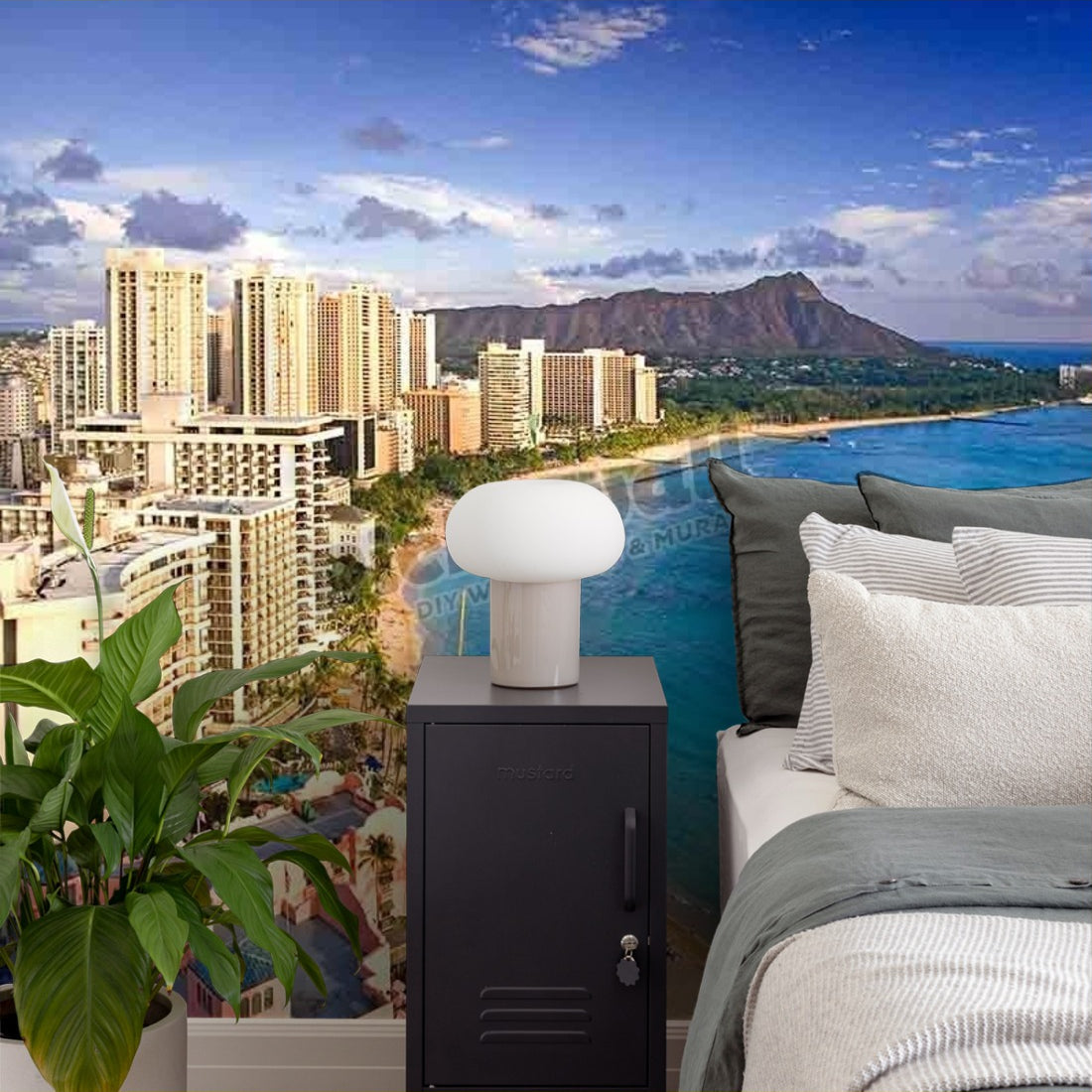 Honolulu City Oahu Island Waikiki Beach wallpaper in a bedroom - Pickawall