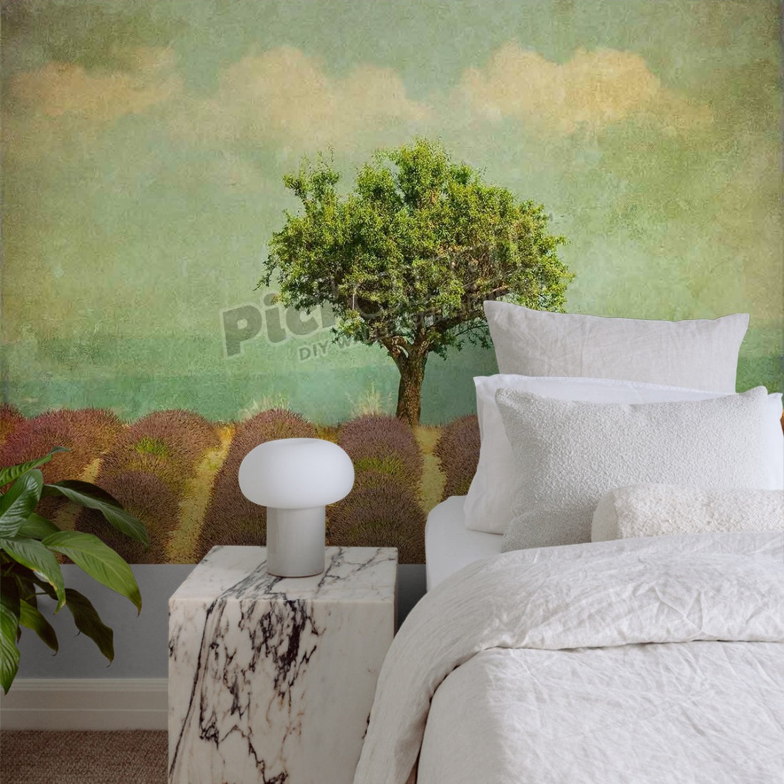 vintage image of a tree in lavender field wallpaper in a bedroom - Pickawall