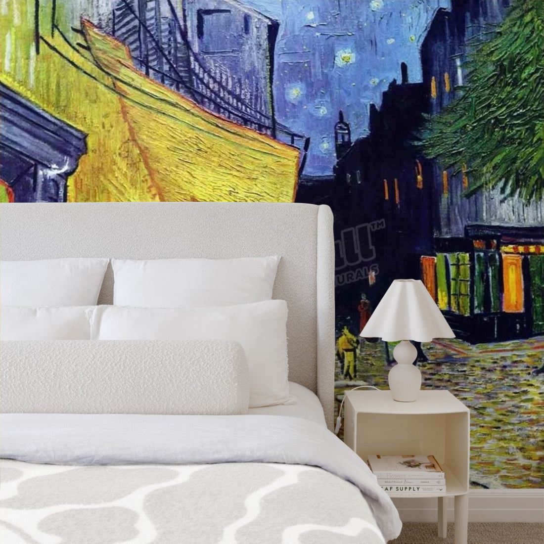 Cafe Terrace at Night Painting Vincent Van Gogh wallpaper in a bedroom - Pickawall