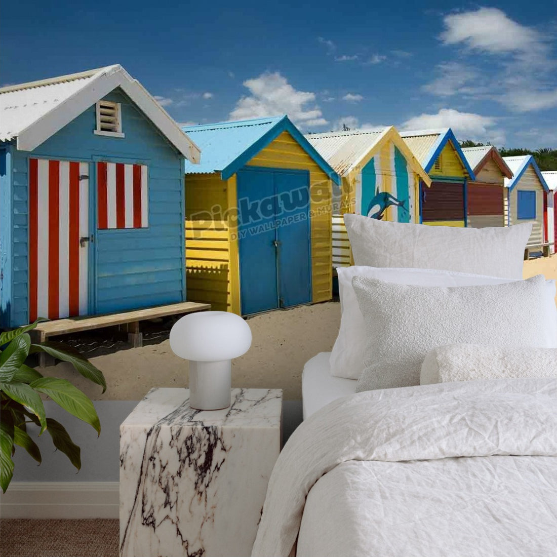 Beach Huts on Brighton Beach wallpaper in a bedroom - Pickawall