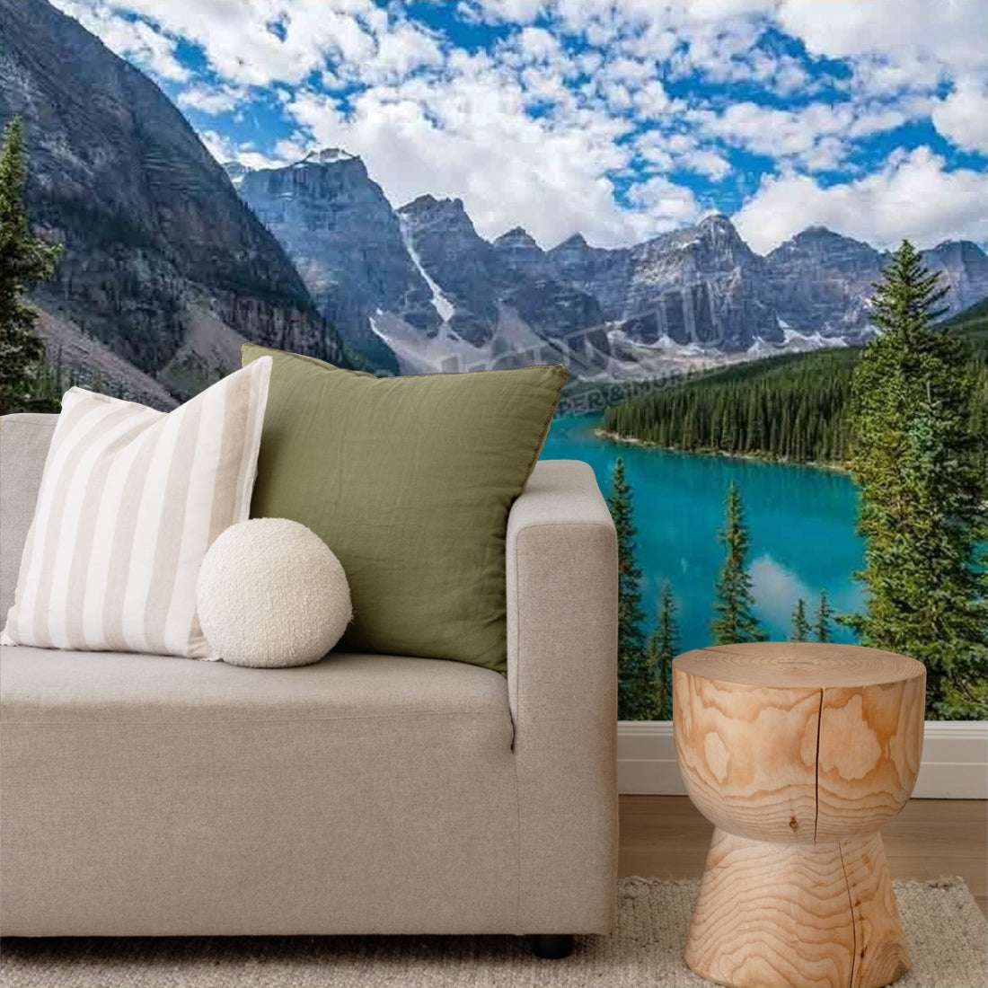 Moraine Lake wallpaper in a living room - Pickawall