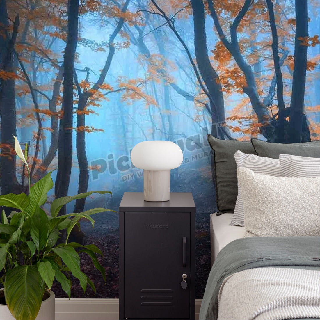 Mysterious dark old forest in fog wallpaper in a bedroom - Pickawall