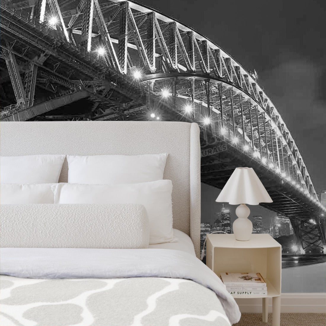 Sydney Skyline and Harbor Bridge at night wallpaper in a bedroom - Pickawall