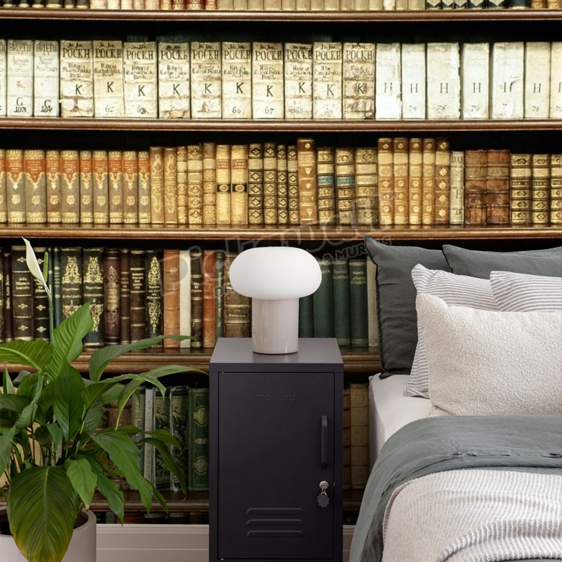 Old Bookshelves wallpaper in a bedroom - Pickawall
