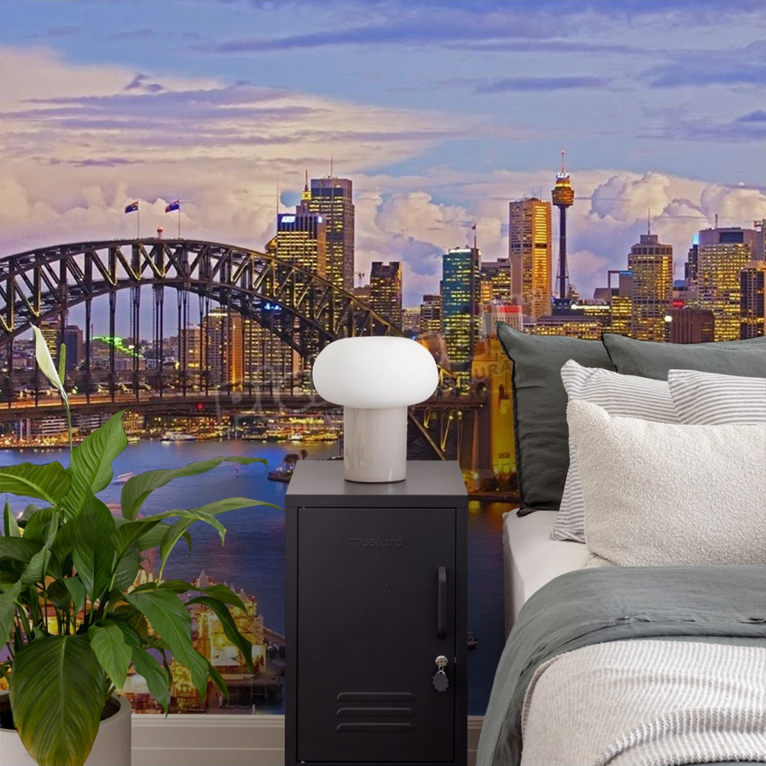 Sydney Harbour Bridge and Sydney skyline wallpaper in a bedroom - Pickawall