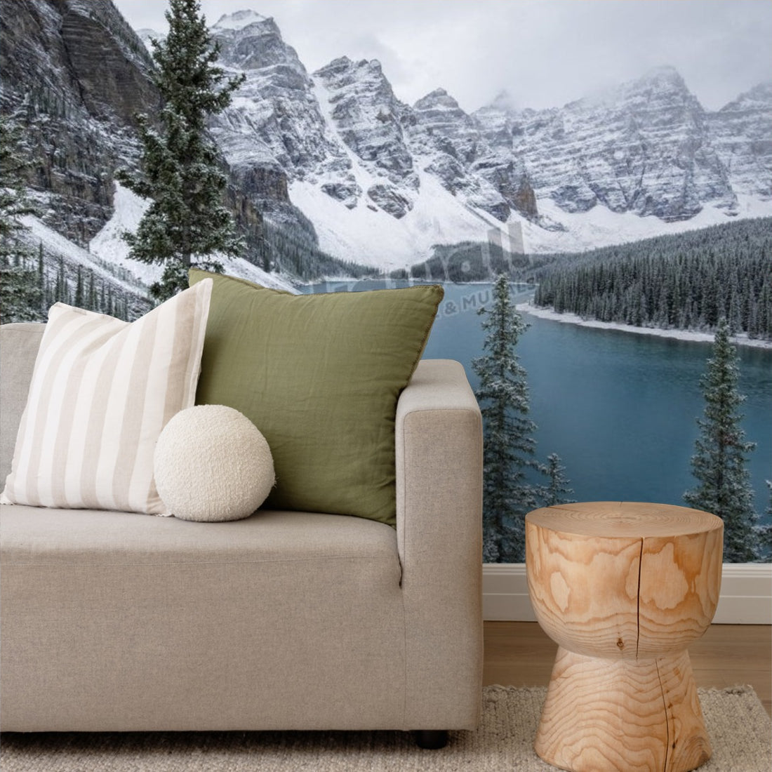 Moraine Lake and the Valley of the Ten Peaks after a snow storm. Banff National Park, Alberta, Canada. wallpaper in a living room - Pickawall