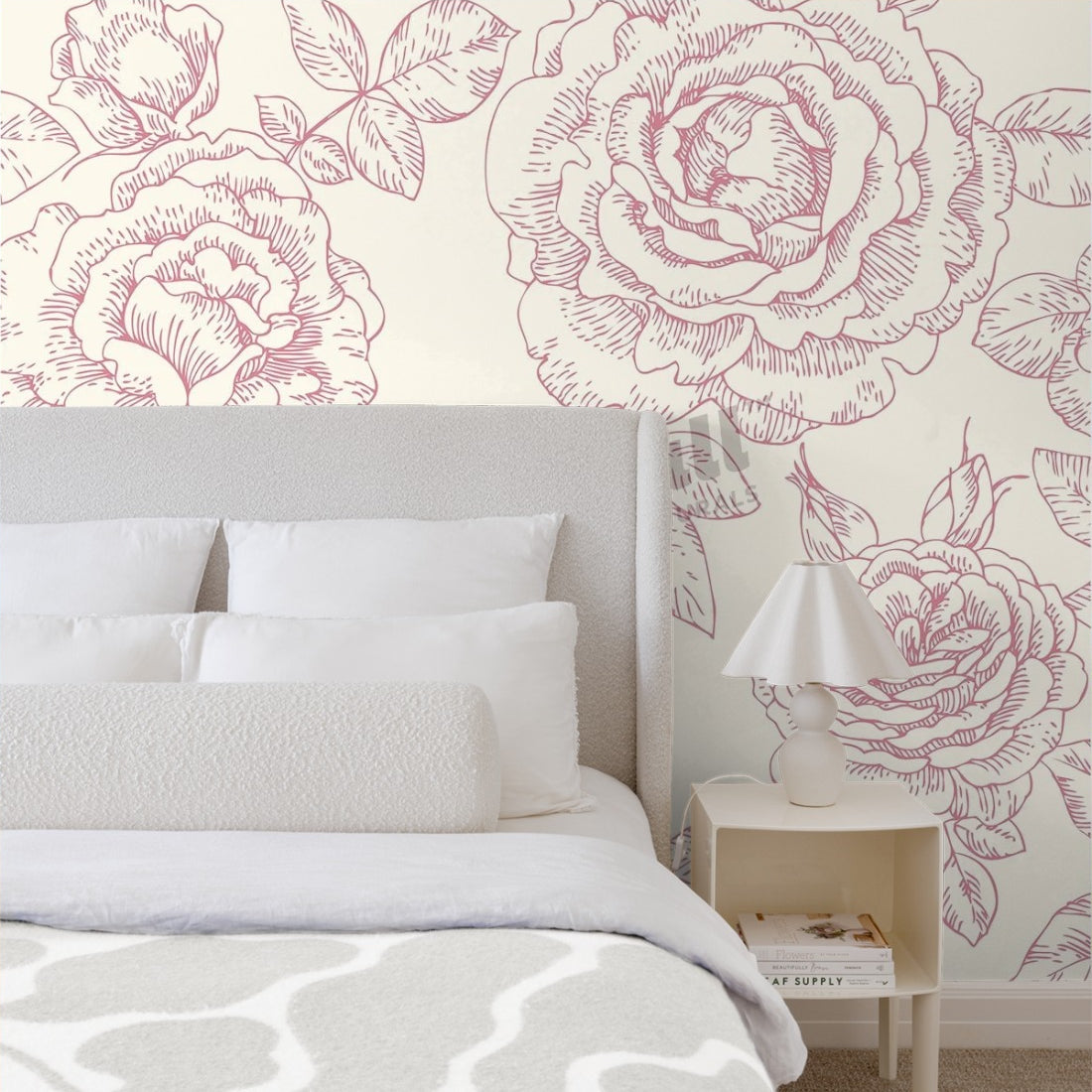 Pink roses pattern wallpaper in a bedroom - Pickawall