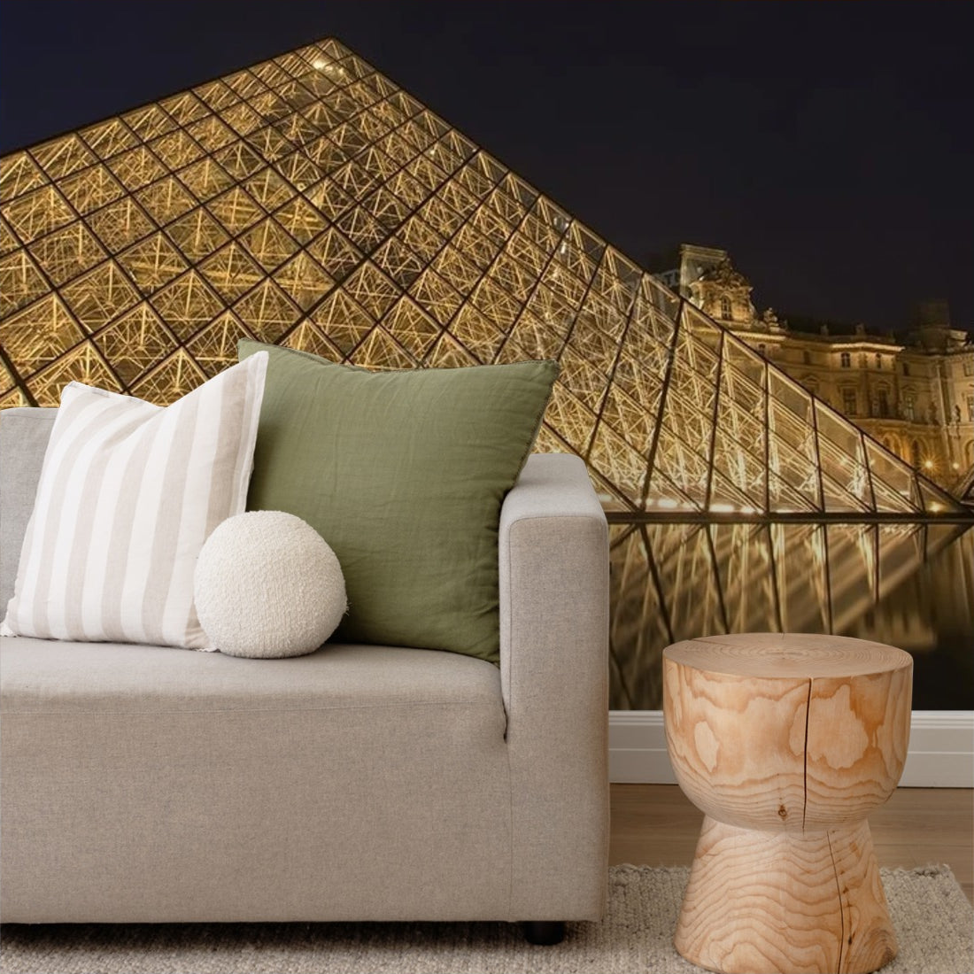 The Louvre- Night time wallpaper in a living room - Pickawall