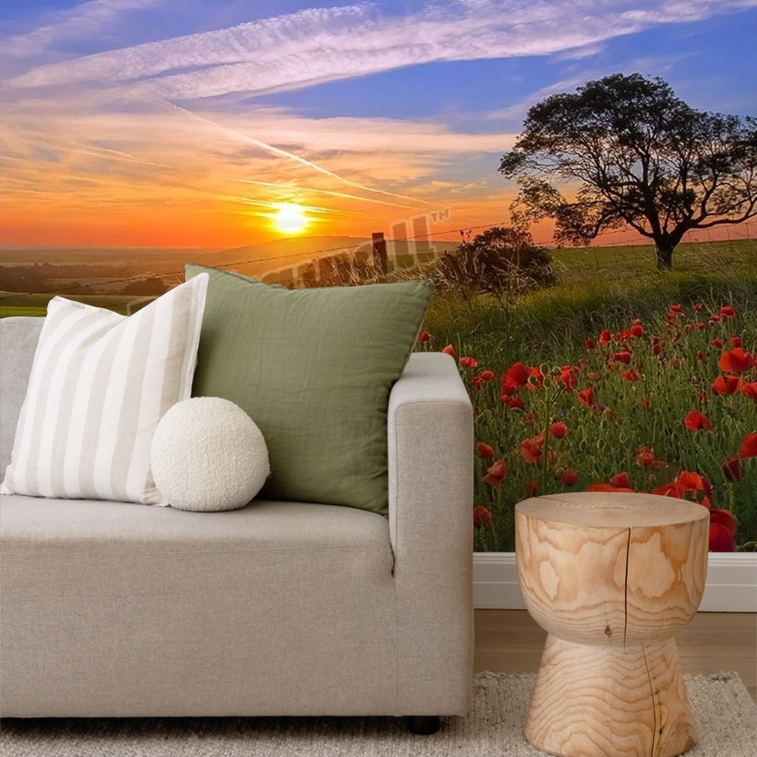 Sunrise over a field of poppys wallpaper in a living room - Pickawall
