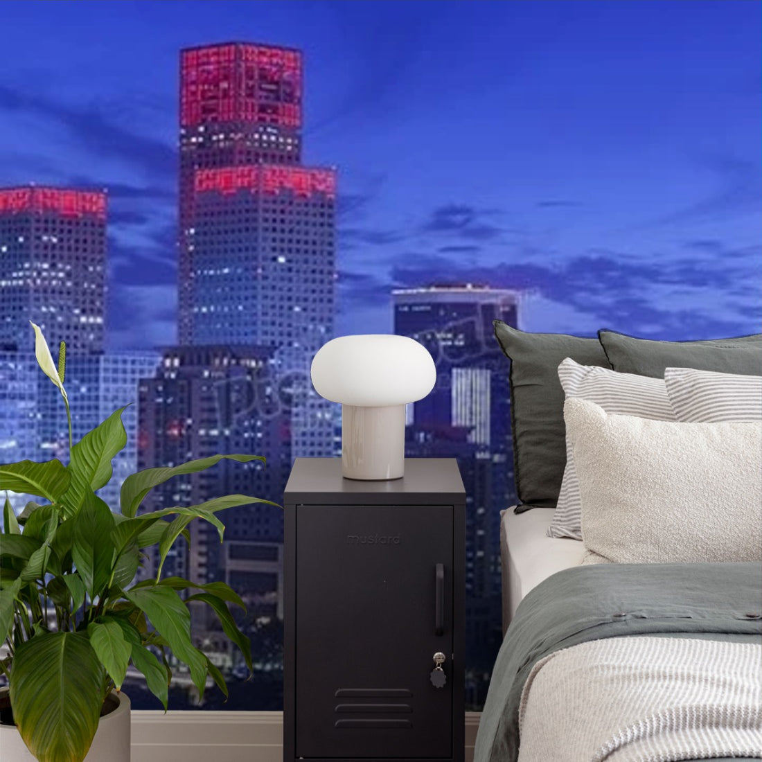 evening cityscape of Beijing CBD area wallpaper in a bedroom - Pickawall