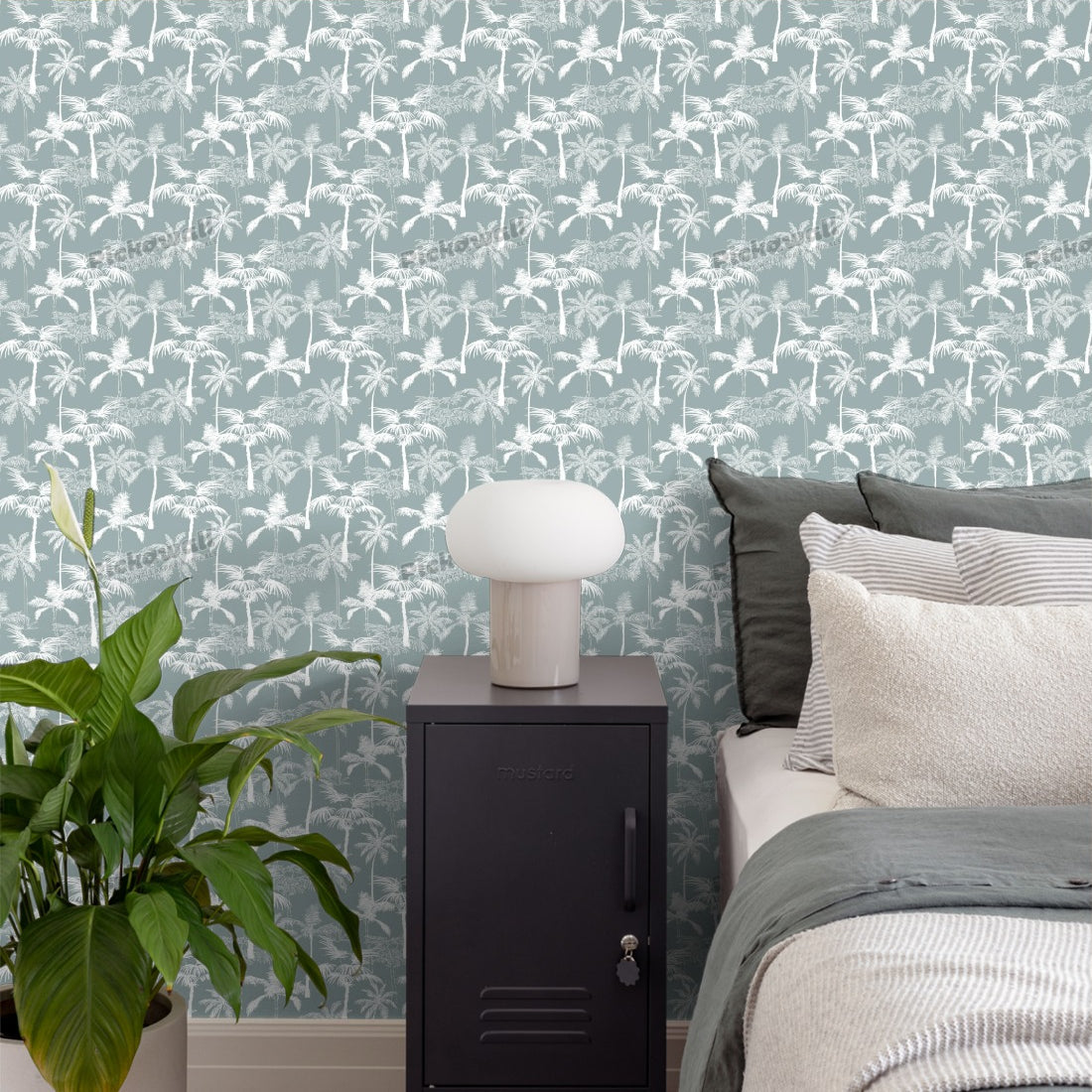 Palm Trees California Grey Pattern wallpaper in a bedroom - Pickawall