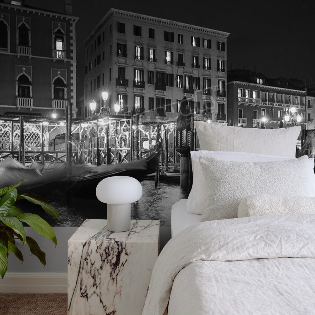 Gondolas on canal by night, Venice wallpaper in a bedroom - Pickawall