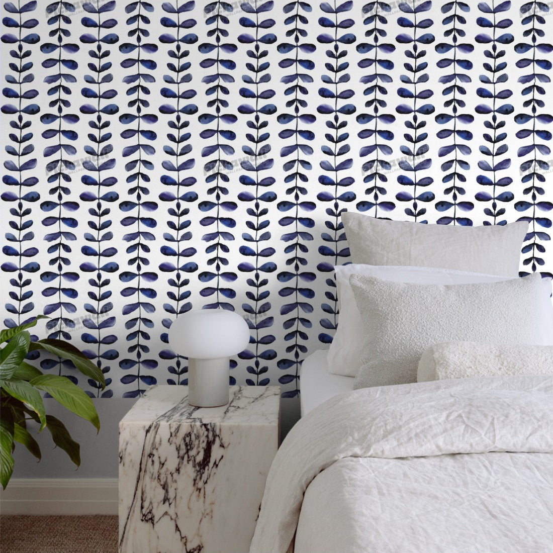 Indigo watercolour leaves wallpaper in a bedroom - Pickawall